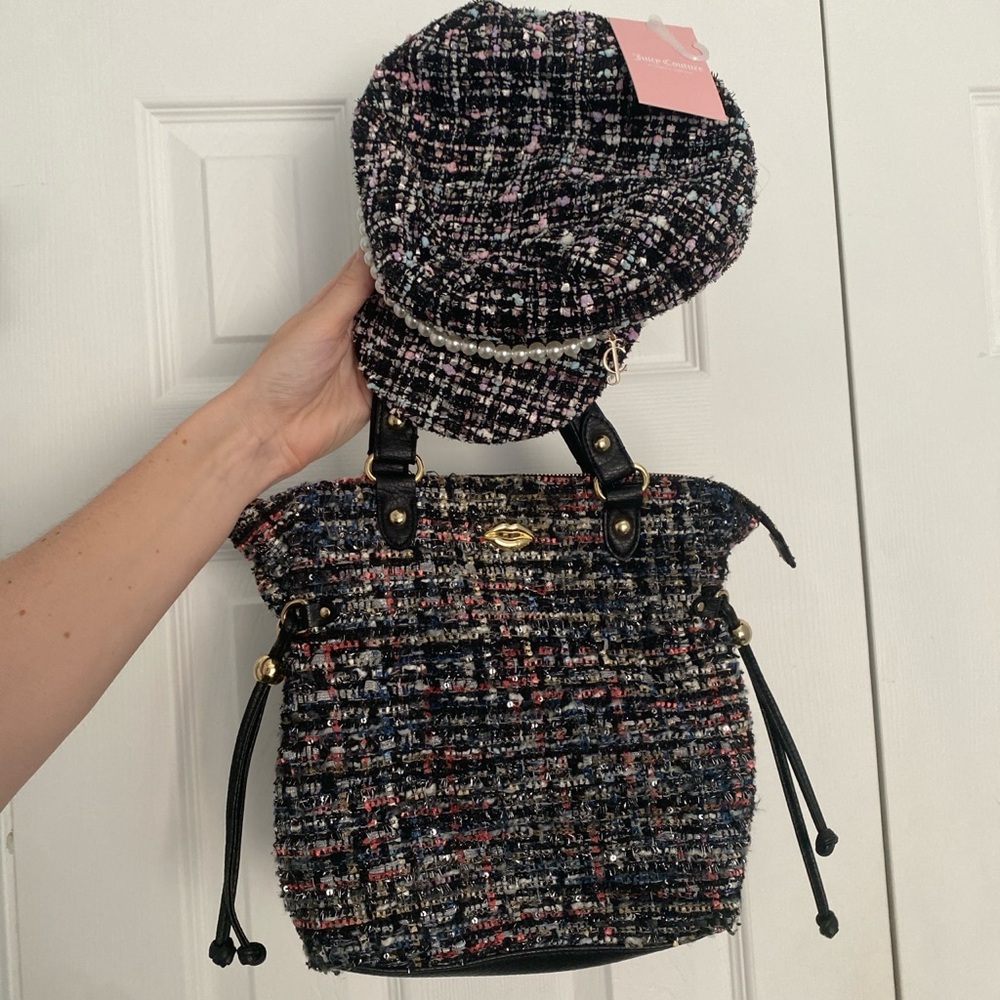 Juicy Couture Matching Tweed sequin pearl newsie cap hat and crossbody bag set